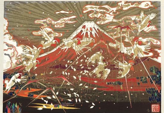 Roosters over Fuji. Contemporary Japanese Art Prints